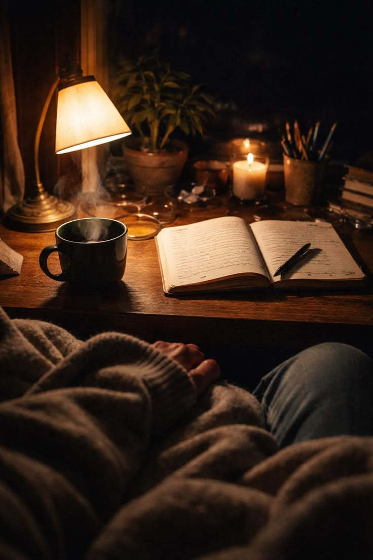 Flat-lay of a paper evening planner, a warm lamp and a herbal tea cup on a wooden desk